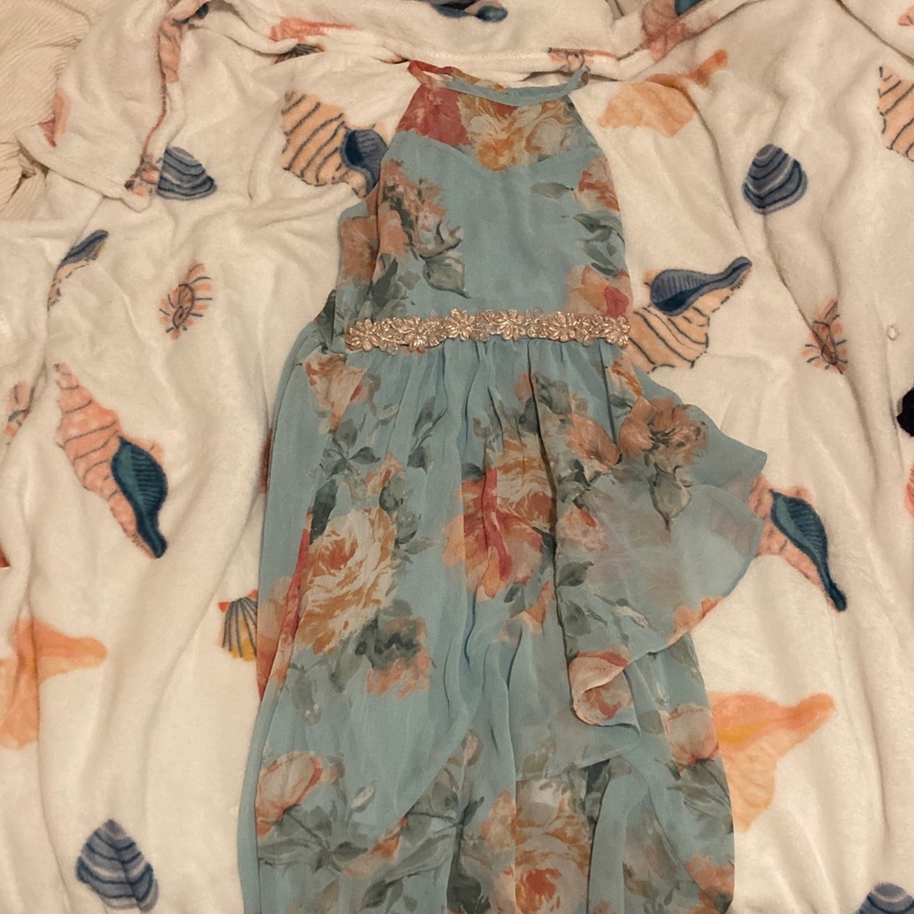 Sequin Hearts Blue and Peach Floral Kids Dress